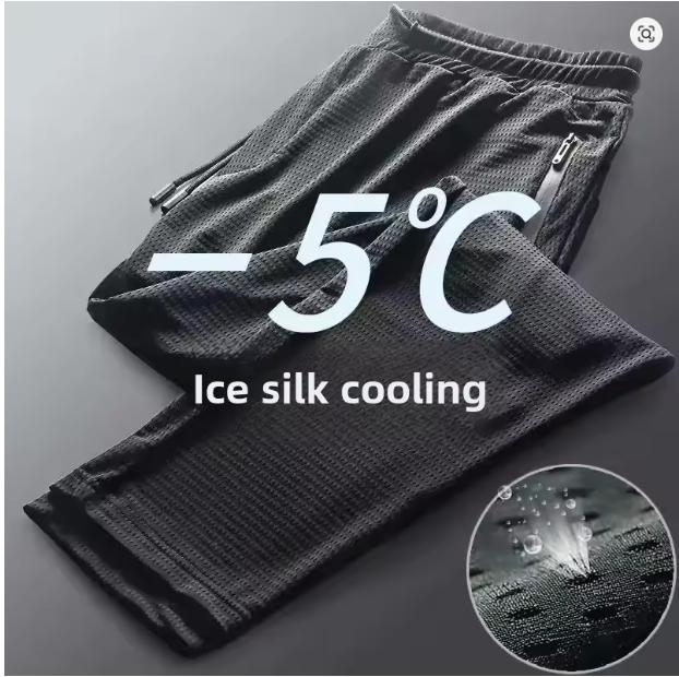 Men's Ice Silk Pants Summer Thin MeshCropped Pants Sports CasualtrousersStraight-LegLoose-FitPlus Size Air Conditioner PantsTren