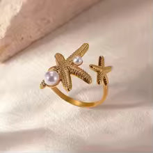 Ocean Starfish Shell Open Rings For Women Gold Color Stainless Steel Ring Summer Beach Aesthetic Waterproof Jewelry Gift