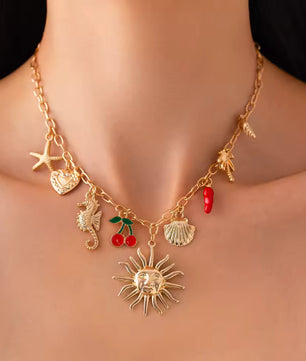 SHIXIN Classic Starfish Coconut Tree Conch Sun Pendant Necklace for Women Gold Color Chain Choker Summer Beach Neck Jewelry Gift