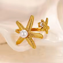 Ocean Starfish Shell Open Rings For Women Gold Color Stainless Steel Ring Summer Beach Aesthetic Waterproof Jewelry Gift